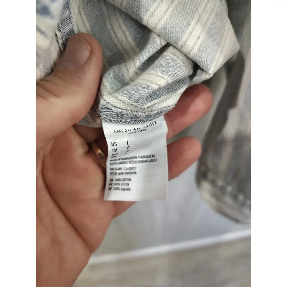 American Eagle Shirt Denim Blue White Stripes Long Sleeve Cotton Men's Size L